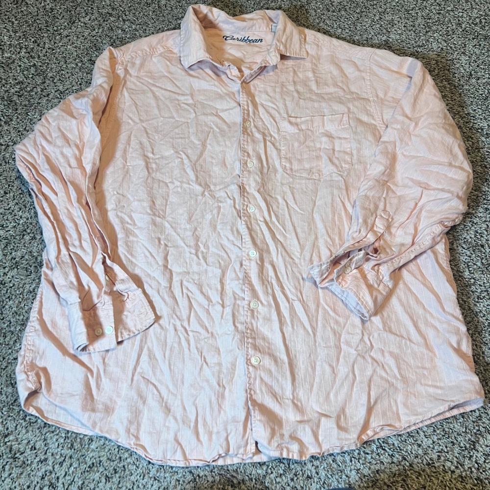 Caribbean Mens 2XT Pink Striped Linen Blend Long Sleeve Button Up Shirt